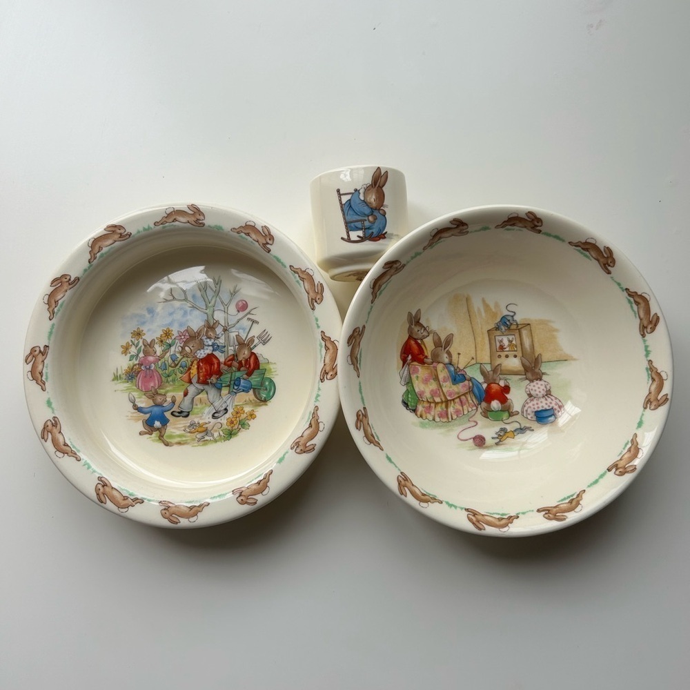Vintage Royal Doulton Bunnykins 3 Pc Set 2 Cereal Bowls Egg Cup Bone China